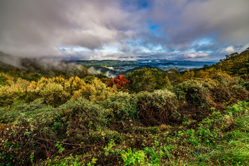 early morning autumn foggy photo at blue ridge parkway north carolina