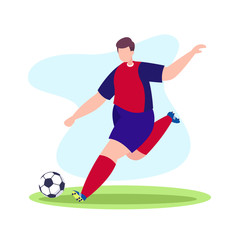 Soccer player shot the ball, vector flat illustration