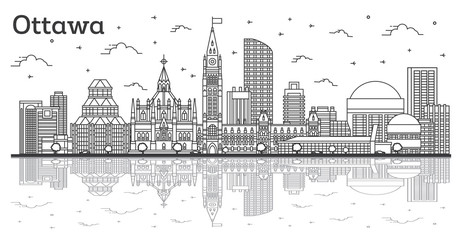 Obraz premium Outline Ottawa Canada City Skyline with Modern Buildings and Reflections Isolated on White.
