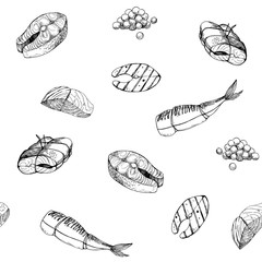 Seamless pattern. Fish food, salmon, steak, filet. Hand drawn outline converted to vector. Isolated on transparent background