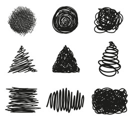 Hand drawn hatching shapes on isolated white background. Geometric chaotic shape with lines. Wavy tangled doodle. Black and white illustration