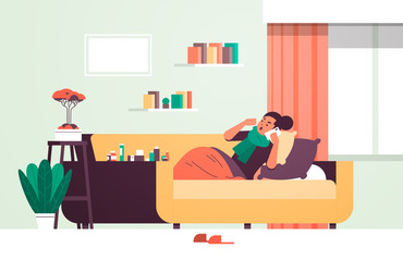 sick woman having sneeze unhealthy girl in scarf calling phone for medical help suffering from cold flu virus illness concept modern living room interior flat full length horizontal vector