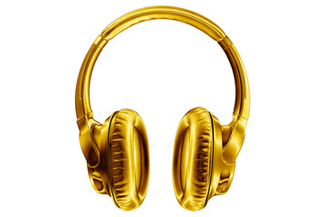 Golden shiny wireless headphones on white background isolated closeup, expensive gold metal...