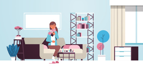 sick woman measuring temperature with thermometer unhealthy girl in scarf suffering from cold flu virus illness concept modern living room interior flat full length horizontal vector illustration