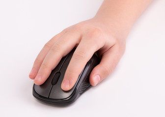 Hand lying on a computer mouse. Computer mouse and hand on a white background.