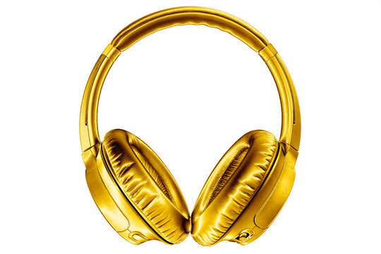 Golden shiny wireless headphones on white background isolated closeup,  expensive gold metal bluetooth headset, modern high end wi-fi yellow  earphones, audio music symbol, stereo sound electronics sign Stock-foto |  Adobe Stock