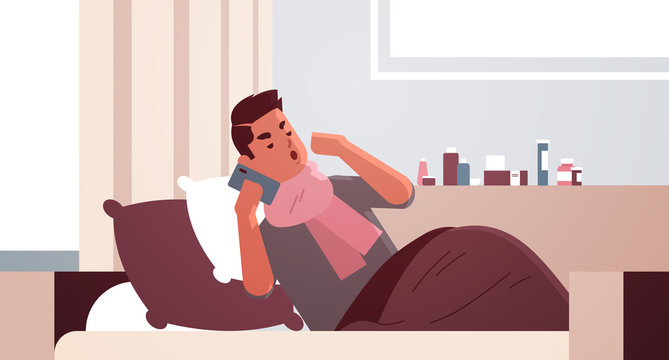 sick man having sneeze unhealthy guy in scarf calling phone for medical help suffering from cold flu virus illness concept modern living room interior flat full length closeup horizontal vector