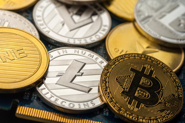 Bitcoin coins lie on top of each other