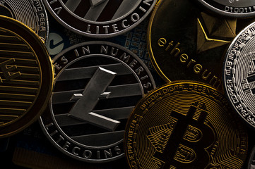 Fototapeta na wymiar Close-up of Bitcoin coins lie on each other