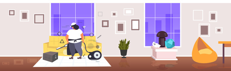 fat woman using vacuum cleaner female janitor in uniform vacuuming sofa doing housework cleaning service concept modern living room interior horizontal full length sketch vector illustration