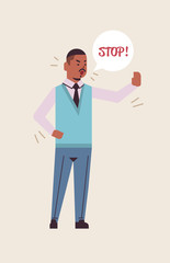 angry man saying STOP speech balloon with scream exclamation negation concept furious screaming african american character showing stop gesture flat full length vertical vector illustration