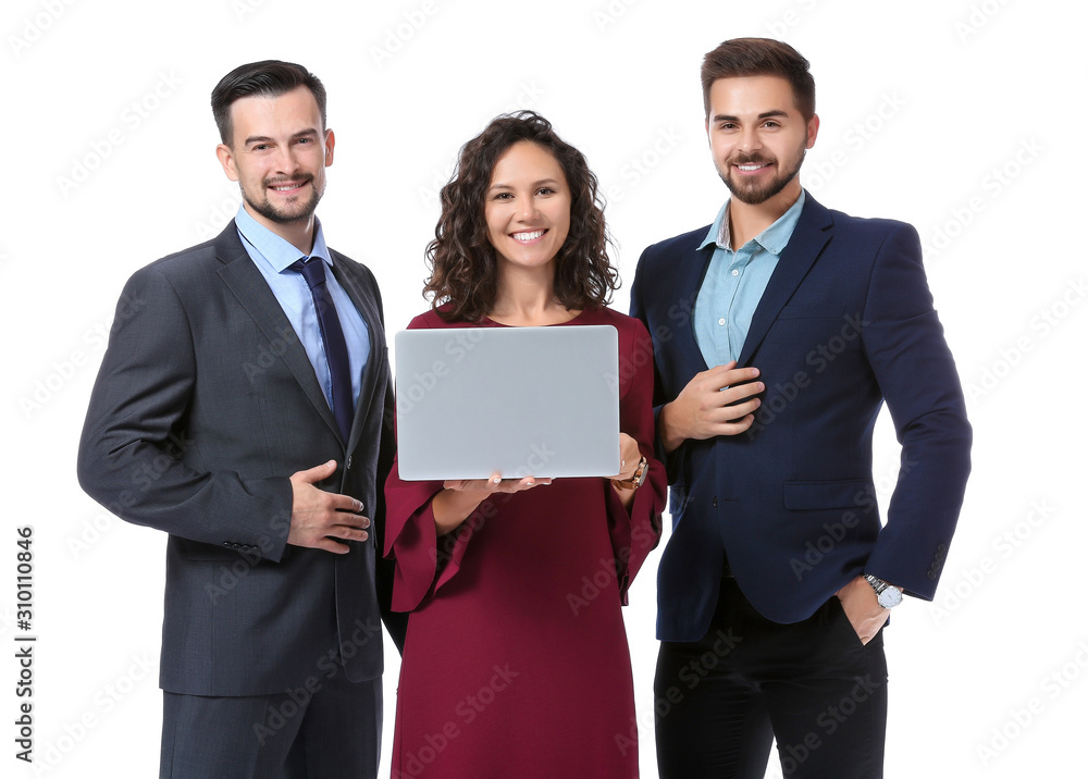 Wall mural Portrait of young business people with laptop on white background