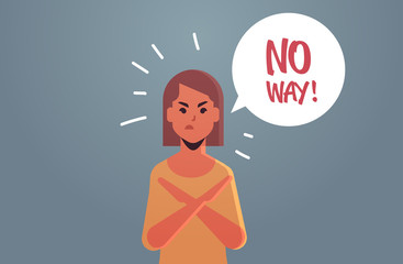 angry unhappy woman saying NO WAY speech balloon with NO scream exclamation negation concept furious girl with crossed arms gesture flat portrait horizontal vector illustration