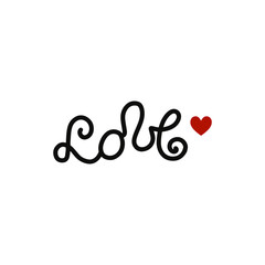 Lettering LOVE with a heart symbol. Black note with red heart on white background. Perfect for Valentine's Day postcards and decorations. Cozy, festive mood.