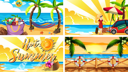 Fototapeta na wymiar Four background scenes with summer on the beach