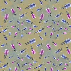 Watercolor seamless pattern with nail polish and tools. Hand drawn illustration.