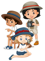 Three kids with magnifying glass and camera