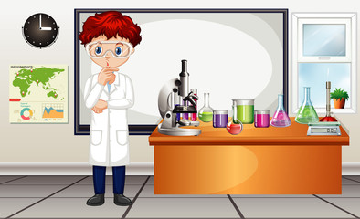 Classroom scene with science teacher and equipments in the room