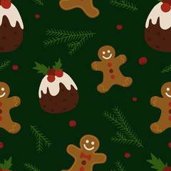 Seamless Christmas background from English puddings and gingerbreads. Perfect for Christmas cards, decorations, invitations, banners, labels, gift paper. Festive, cozy atmosphere.