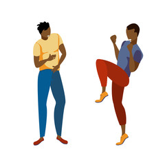 Two young african american men in bright light clothes are dancing merrily. Characters isolated on white background