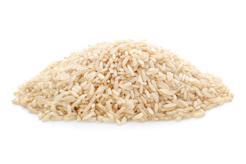 Heap of raw rice on white background