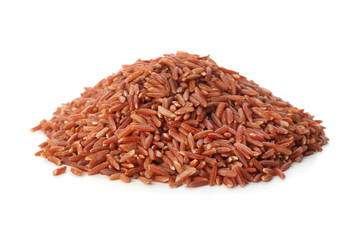 Heap of raw rice on white background