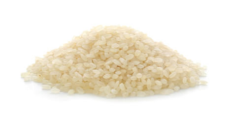 Heap of raw rice on white background