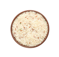 Bowl with raw rice on white background