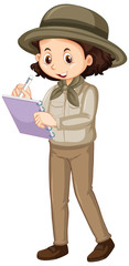 Girl in brown unifrom writing on white background