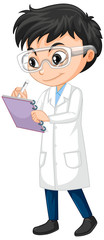 Boy in science gown writing on isolated background