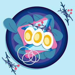 Breakfast. Delicious toasted toast with egg and vegetables, blue background.