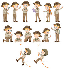Set of boy in safari outfit doing different activities © blueringmedia