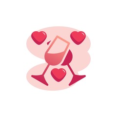 Wine glasses and hearts flat icon, vector sign, Champagne Glasses Toasting colorful pictogram isolated on white. Valentine day symbol, logo illustration. Flat style design