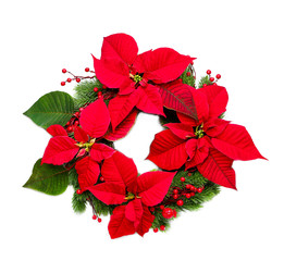 Beautiful Christmas wreath with poinsettia on white background
