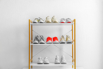Shelf unit with stylish shoes near light wall