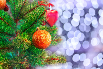 Close up of christmas tree with decorations with bokeh background..