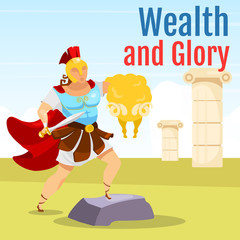 Wealth and glory social media post mockup. Greek mythology scene. Jason and golden fleece. Web banner design template. Social media booster, content layout. Poster with flat illustrations