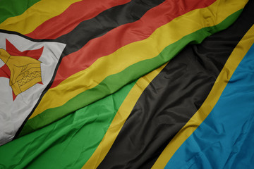 waving colorful flag of tanzania and national flag of zimbabwe.
