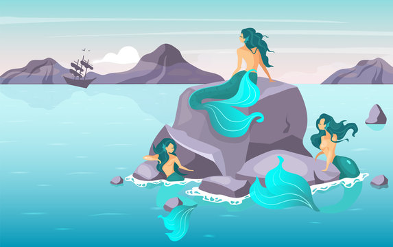 Sirens Flat Vector Illustration. Fairy Creatures Lure Ship On Reef. Miren Scene. Fantasical Beast On Island Coast. Half-woman Fairy Monster In Sea. Greek Mythology. Mermaids Cartoon Characters