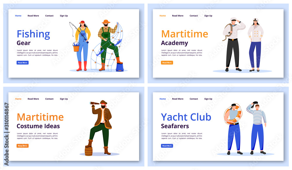 Poster maritime characters landing page vector templates set. fishing gear website interface idea with flat