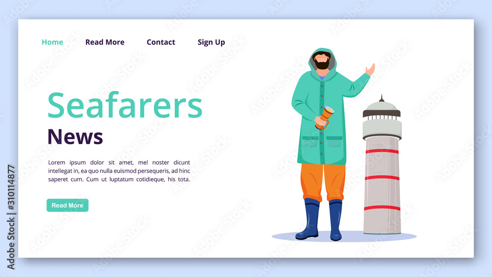 Poster seafarers news landing page vector template. lighthouse keeper website interface idea with flat illu