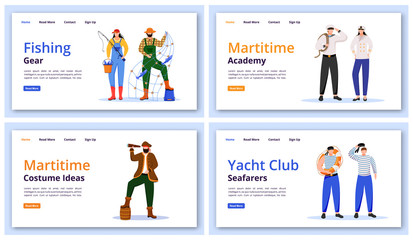 Obraz na płótnie Canvas Maritime characters landing page vector templates set. Fishing gear website interface idea with flat illustrations. Marine costume ideas homepage layout. Yacht club web banner, webpage cartoon concept