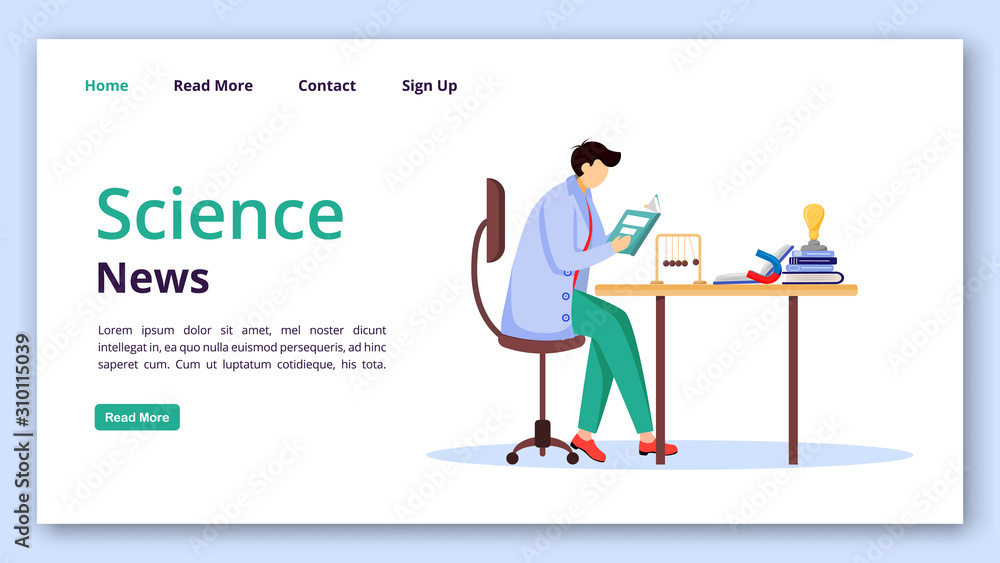 Wall mural science news landing page vector template. reading researches website interface idea with flat illus