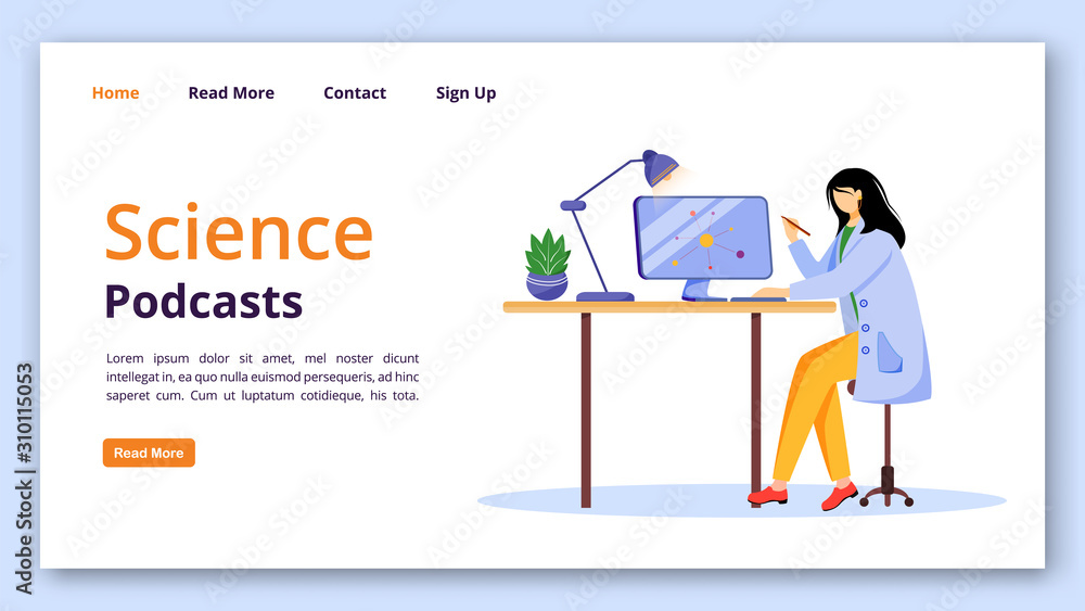 Fototapete science podcasts landing page vector template. girl in lab coat using computer website interface wit