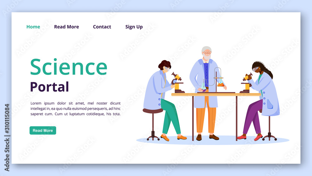 Wall mural science portal landing page vector template. practical chemistry info website interface idea with fl