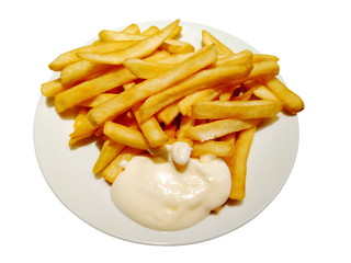 French fries and Mayonnaise on a white plate isolated on white background.