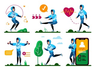 Fitness Training and Outdoor Activities Outdoor Trendy Flat Vector Isolated Concepts Set. Young Man in Sportswear Doing Rope Jumps, Squatting, Working with Dumbbells, Jogging in Park Illustrations