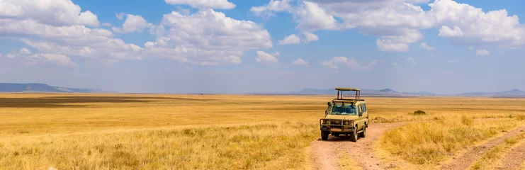 Badezimmer Foto Rückwand Safaritouristen auf Pirschfahrt mit Jeep-Auto im Serengeti-Nationalpark in wunderschöner Landschaft, Tansania, Afrika © Simon Dannhauer