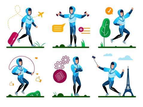 Male Teenager, Young Man Summer Time Activities Trendy Flat Vector Isolated Concepts Set. Active Guy Going on Travel with Baggage Bag, Doing Fitness Exercises, Shooting Selfie in Journey Illustrations