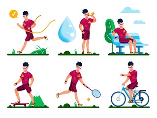 Outdoor Sports, Healthy Lifestyle Activities, Summer Active Recreation Types Trendy Flat Vector Concepts Set. Young Man Character in Sportswear, Jogging, Skating, Biking, Playing Tennis Illustrations